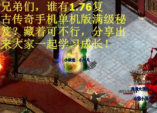 兄弟们，谁有1.76复古传奇手机单机版满级秘笈？藏着可不行，分享出来大家一起学习成长！